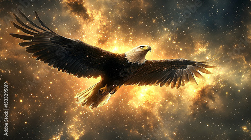 Majestic eagle soaring through a fiery cosmos.