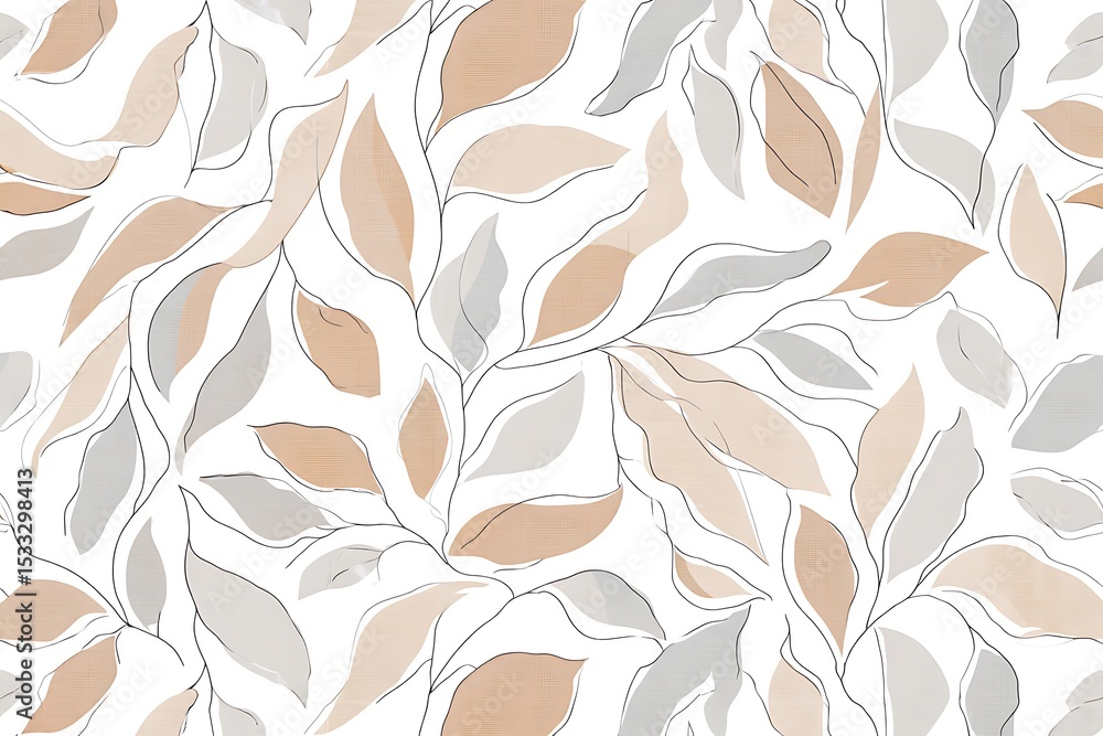 Fototapeta premium Elegant Botanical Illustration Seamless Pattern of Delicate Leaves in Neutral Tones
