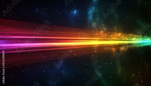 Cosmic rainbow light streaks across a dark starry void