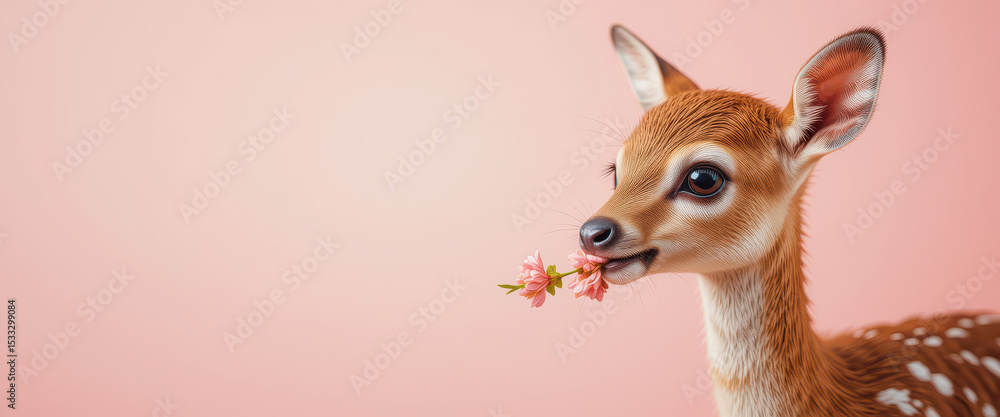 Fototapeta premium Adorable young deer holding small flowers in mouth on soft pink background, perfect for spring themes, greeting cards, or child-friendly nature scenes