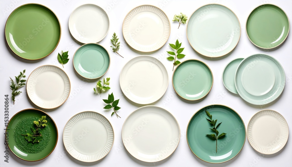 Fototapeta premium Assorted dinnerware with greenery