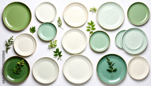 Assorted dinnerware with greenery