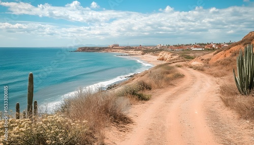 Fototapeta Naklejka Na Ścianę i Meble -  Coastal path leading to a beach with a tranquil ocean view.