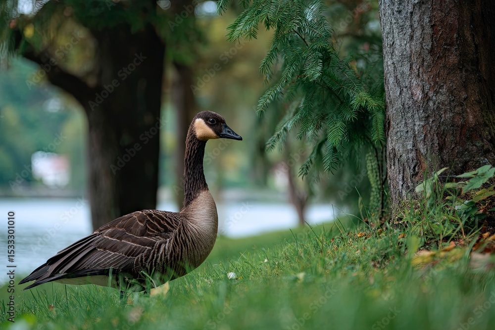 Vertical macro view of a branta bird sitting on grass with a blurred background of trees Vertical macro view of a branta bird sitting on grass with a blurred background of trees