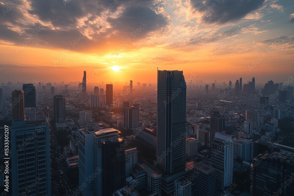 Fototapeta premium Photograph of a rooftop solar panel installation on the roof of an office building in Bangkok, with skyscrapers and cityscape in the background at sunset, sustainable energy practices for green