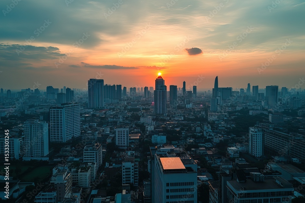 Fototapeta premium Photograph of a rooftop solar panel installation on the roof of an office building in Bangkok, with skyscrapers and cityscape in the background at sunset stainable energy practices for green business