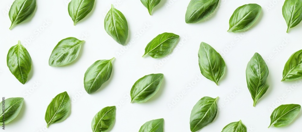 Flat lay of fresh basil leaves arranged on white background. Flat lay of fresh basil leaves arranged on white background.