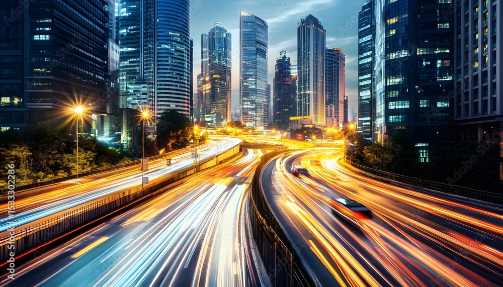 Naklejka premium City highway at twilight with streaks of light from moving vehicles.