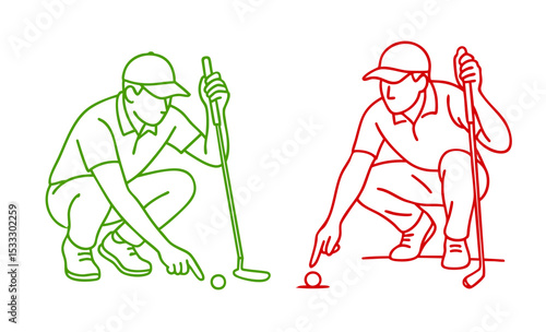 Golf Player Ball Alignment Pose – Golfer squatting or bending slightly to line up the shot