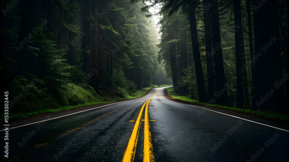 Obraz premium Rainy Road Through Lush Evergreen Forest A Scenic Drive Misty two-lane road through dense evergreen forest on overcast day A long, straight road winds through a lush, green forest.