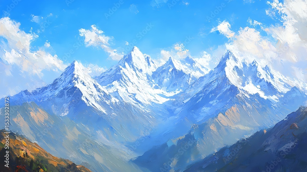 Obraz premium Oil painting of snow-capped mountains under a clear blue sky