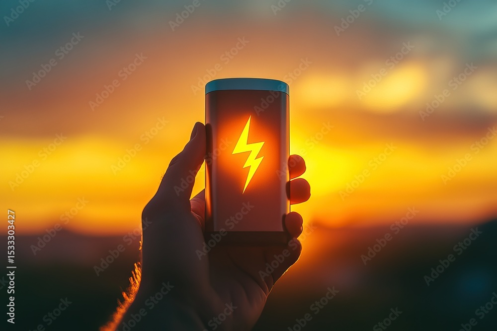 Fototapeta premium Hand holding an energy battery with a lightning icon on a sunset background, a macro shot, a detailed photo of a hand with a smartphone charging a battery in the air. Focus on the power bank.