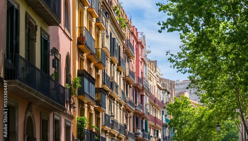 Fototapeta premium Colorful apartment buildings line a city street.