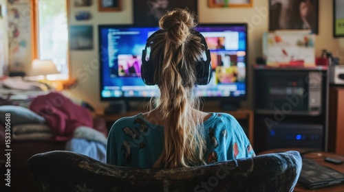 Teenage girl gaming at home