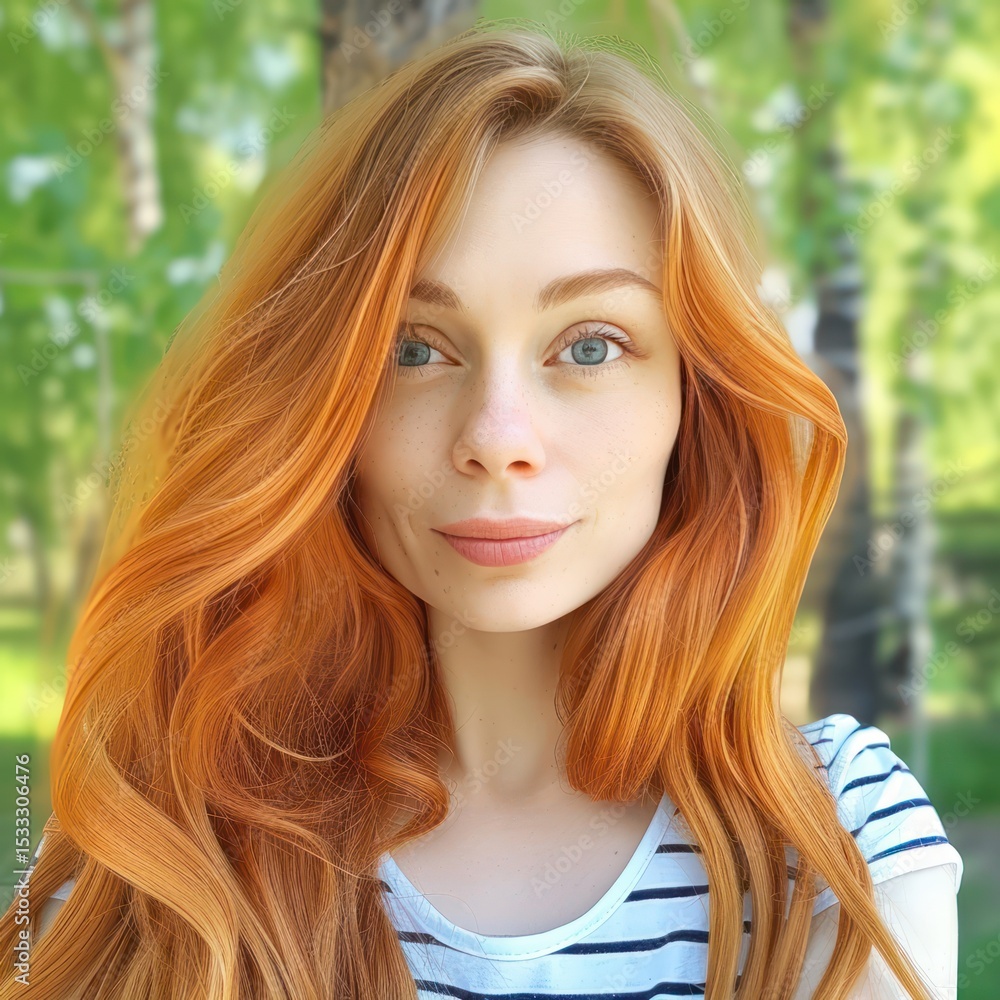 Naklejka premium Vibrant red-haired girl in a green forest, embracing the joy of nature and warmth