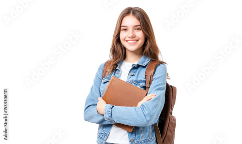 Smiling female student with brown leather notebook and backpack, transparent background