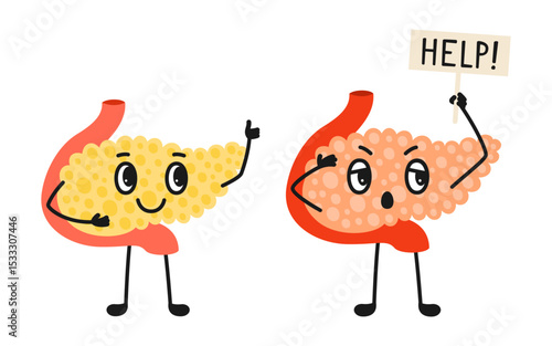 Two pancreas mascot healthy and unhealthy cartoon childish illustration. Happy pancreas giving thumbs up and sad sick gastric character. Check health digestive organ. Vector medical comic poster