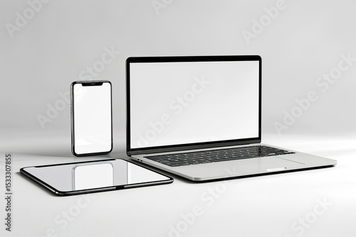 Computer, Laptop and Smartphone, Display, on White Background Workspace Mock Up Design