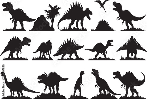 Various Dinosaur Silhouettes with Landscape Elements