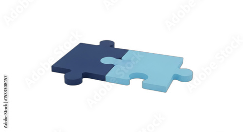 Two puzzle pieces connected together in a dark blue and light blue color on a black background view