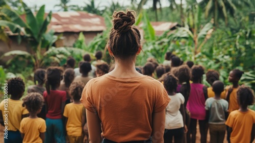 Woman observing children in a village