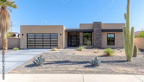 Modern beige stucco home with a large garage and desert landscaping.