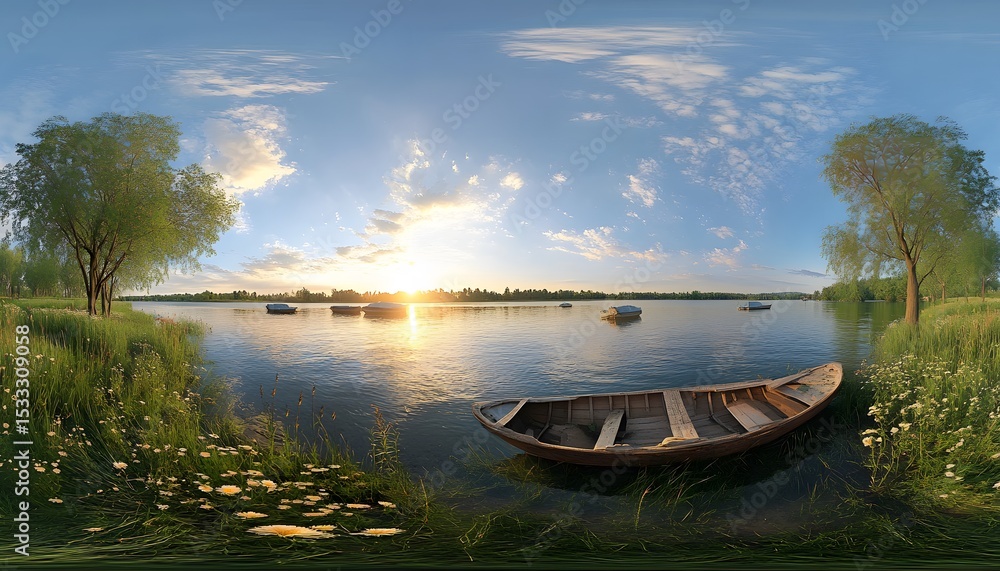 Obraz premium Serene lake scene at sunrise with a wooden boat.