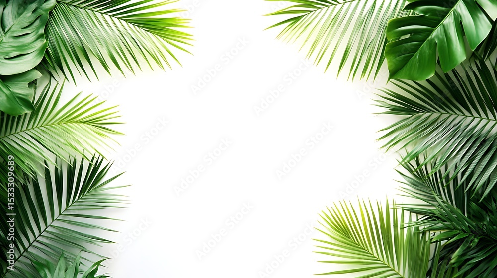 Fresh Tropical Green Leaves Framing White Space Palm, Monstera, and Exotic Foliage Background Fresh Tropical Green Leaves Framing White Space Palm, Monstera, and Exotic Foliage Background