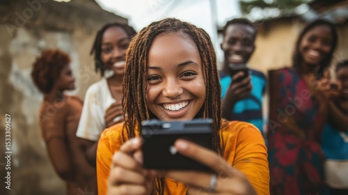 Young people enjoying technology in a village setting