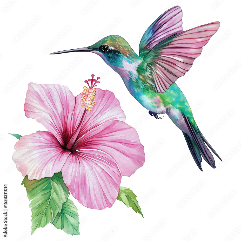 Obraz premium Watercolor hummingbird with pink hibiscus, clipart on a transparent background,