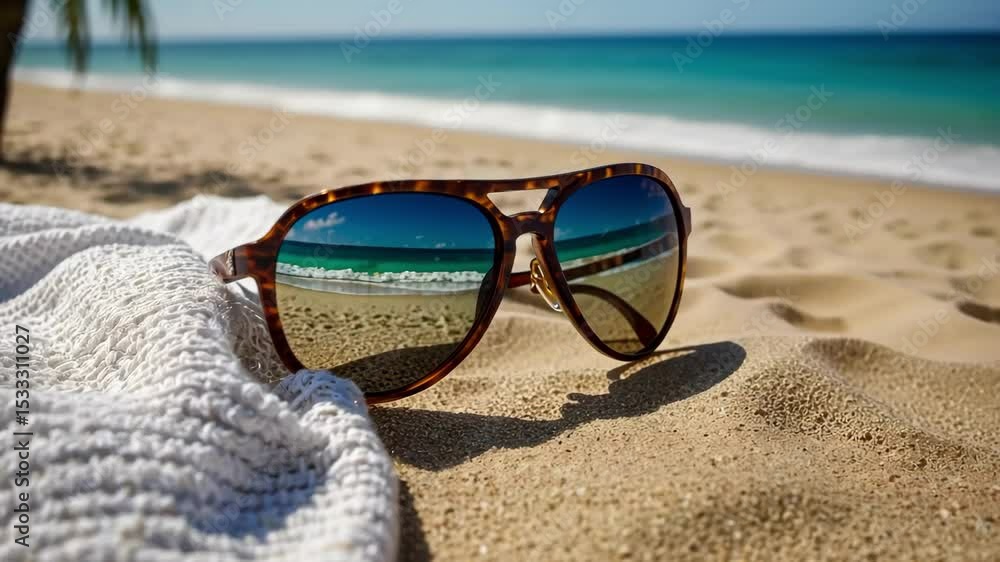 Sunglasses on sand reflecting ocean waves. Summer beach vacation. Travel lifestyle with turquoise water and clear blue sky. Sunglasses on sand reflecting ocean waves. Summer beach vacation. Travel lifestyle with turquoise water and clear blue sky.