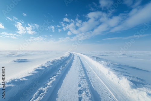 Snowy Road Exploration in Winter Wonderland. Breathtaking Views of Scenic Icy Path and Vast White Landscape