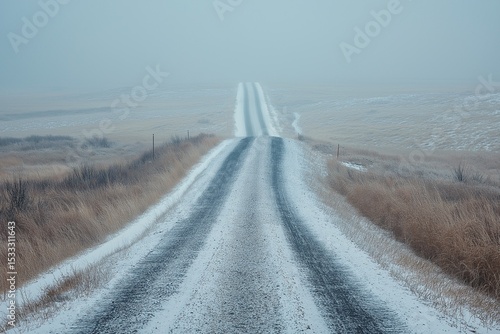 Snowy Road and Winter Landscape in Foggy Weather. A Serene Rural Scenery and Scenic Winter Wonderland Journey