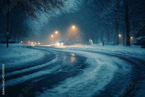 Winter Journey on Snow-Covered Scenic Road. Foggy Night Landscape with Illuminated Streetlights and Tranquil Atmosphere