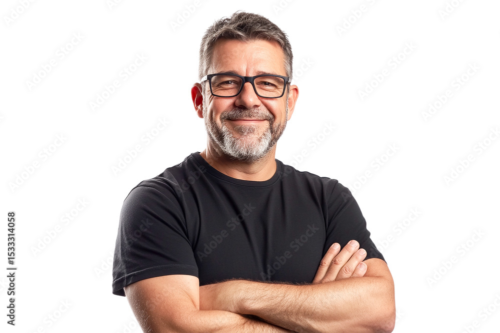 Fototapeta premium Portrait of a smiling middle-aged man with glasses, arms crossed, wearing a black t-shirt against a transparent background.