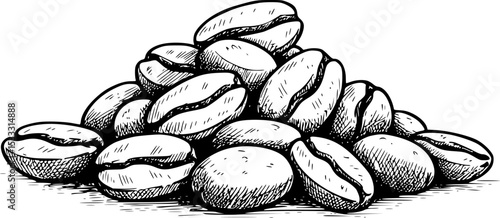 Aromatic Essence: A monochrome illustration of a small pile of meticulously drawn coffee beans, perfect for conveying concepts of morning rituals, energy boosts, and rich flavors.