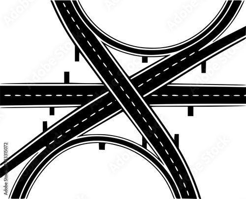 Interstate Interchange Icon: A simple yet striking graphic illustration depicting a multi-lane highway interchange, symbolizing connectivity, infrastructure, and transportation. 