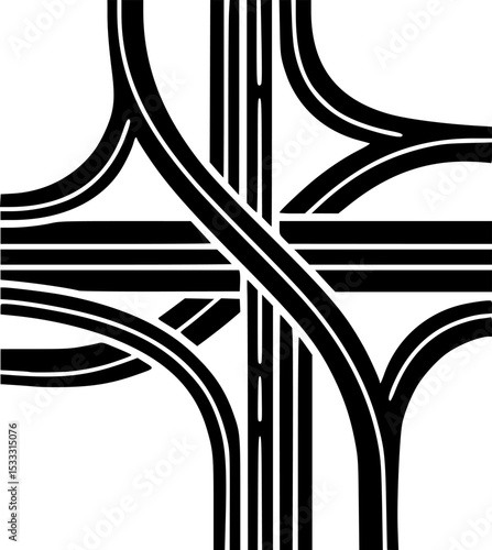 Interstate Interchange Icon: A simple yet striking graphic illustration depicting a multi-lane highway interchange, symbolizing connectivity, infrastructure, and transportation. 