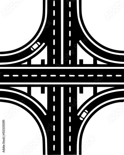 Interstate Interchange Icon: A simple yet striking graphic illustration depicting a multi-lane highway interchange, symbolizing connectivity, infrastructure, and transportation. 