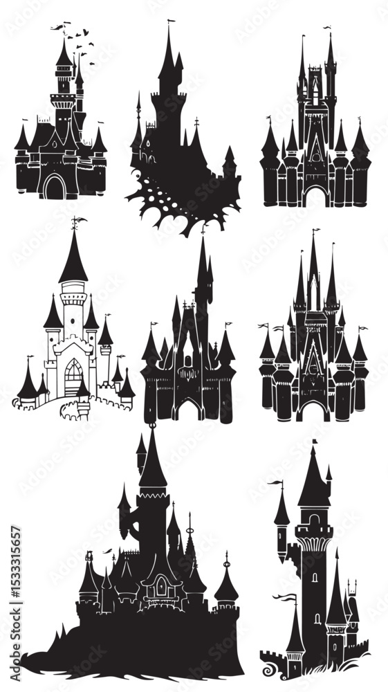 Fototapeta premium Princess Castle Vector Set , black silhouettes isolated on white background