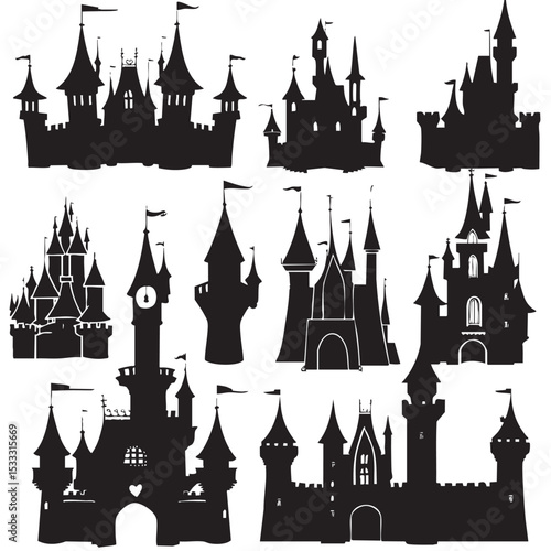  Princess Castle Vector Set , black silhouettes isolated on white background