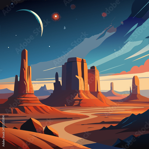 Towering desert mesas under a star-filled sky in Utah

