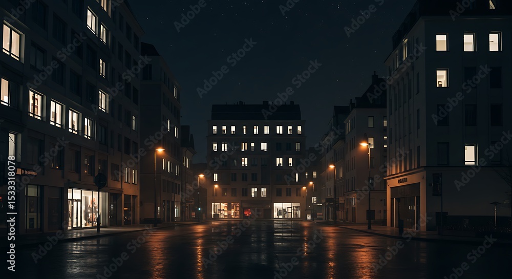Fototapeta premium Night Street Scene Illuminated Buildings and Wet Pavement in a European City
