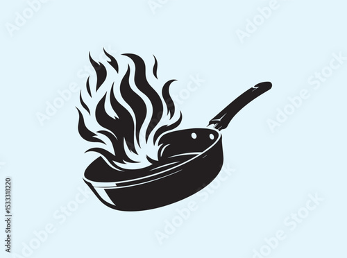 Black silhouette of a pan with erupting stylized flames, isolated on white background