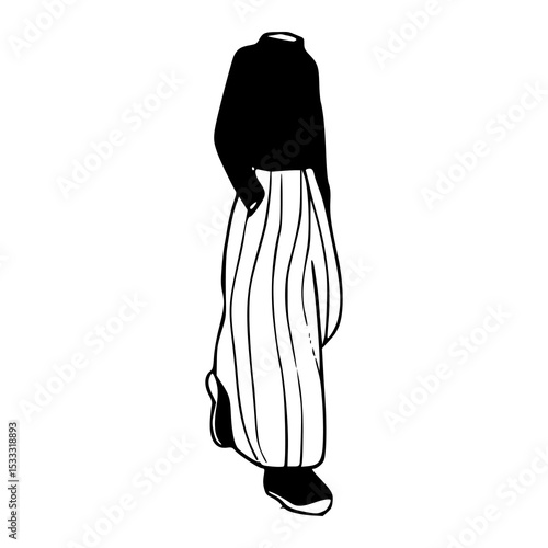 modest fashion outfit - black top and striped skirt