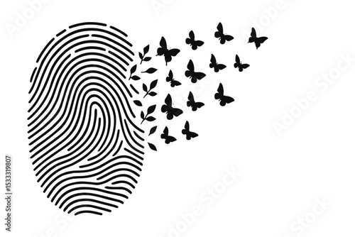 Fingerprint transforming into flying butterflies in black minimalist style, white background, identity and transformation metaphor