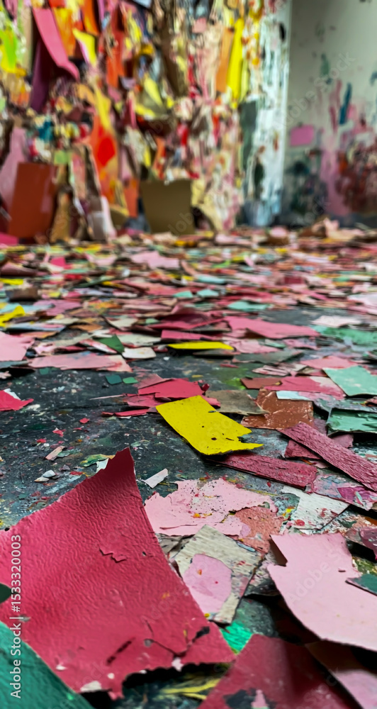 Fototapeta premium A close-up view of vibrant, torn pieces of paper scattered across the floor of a creative art studio, showcasing textured, colorful collage materials in an artistic workspace.