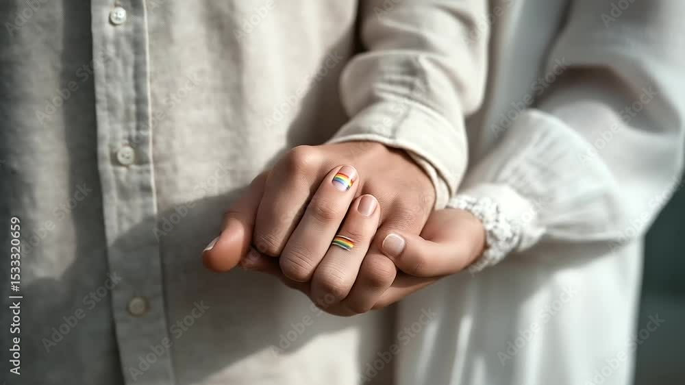 Intertwined fingers with rainbow rings catching sunlight Intertwined fingers with rainbow rings catching sunlight