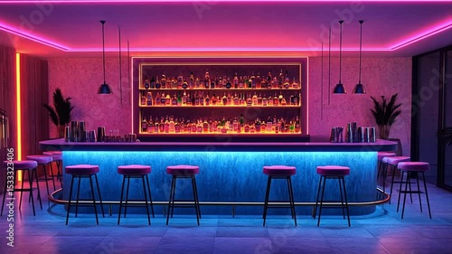 Stylish illuminated bar interior with neon lights offering modern ambiance for nightlife concept and trendy social gathering spot perfect for hospitality