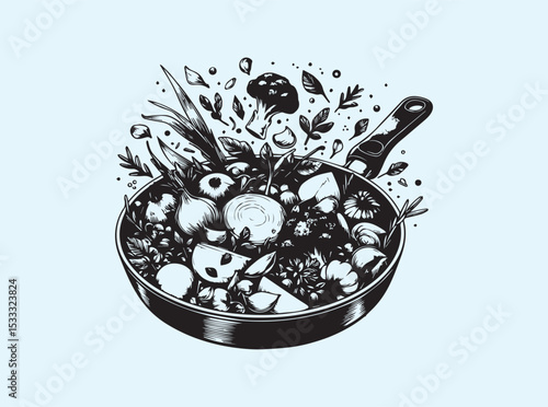 Culinary silhouette of a cooking pan with food tossed above, black solid fill